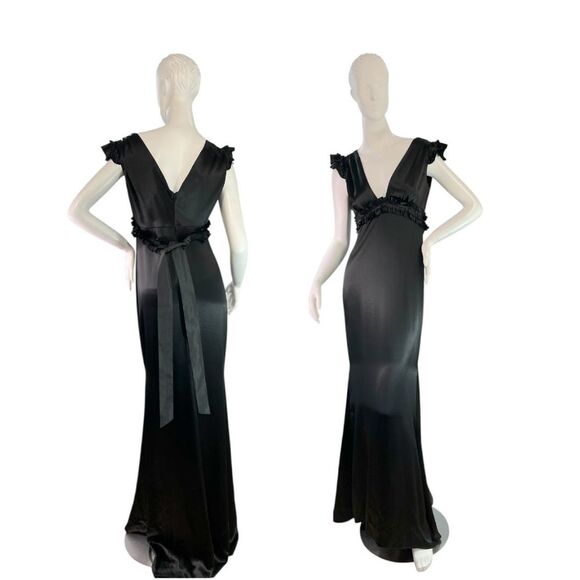 Vera Wang Black Satin Cap Ruffle Sleeve V-Neck Evening Maxi Gown Size 6 - Picture 1 of 11